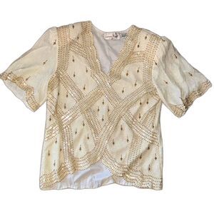 Vintage Laurence‎ Kazar Cream Gold Tassel Beaded Sequin Metallic Glam Blouse top
